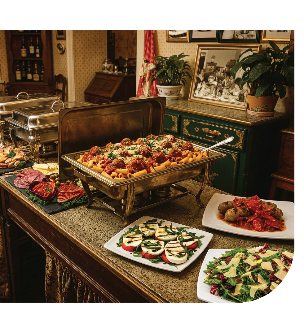 Catering table filled with freshly prepared Italian dishes