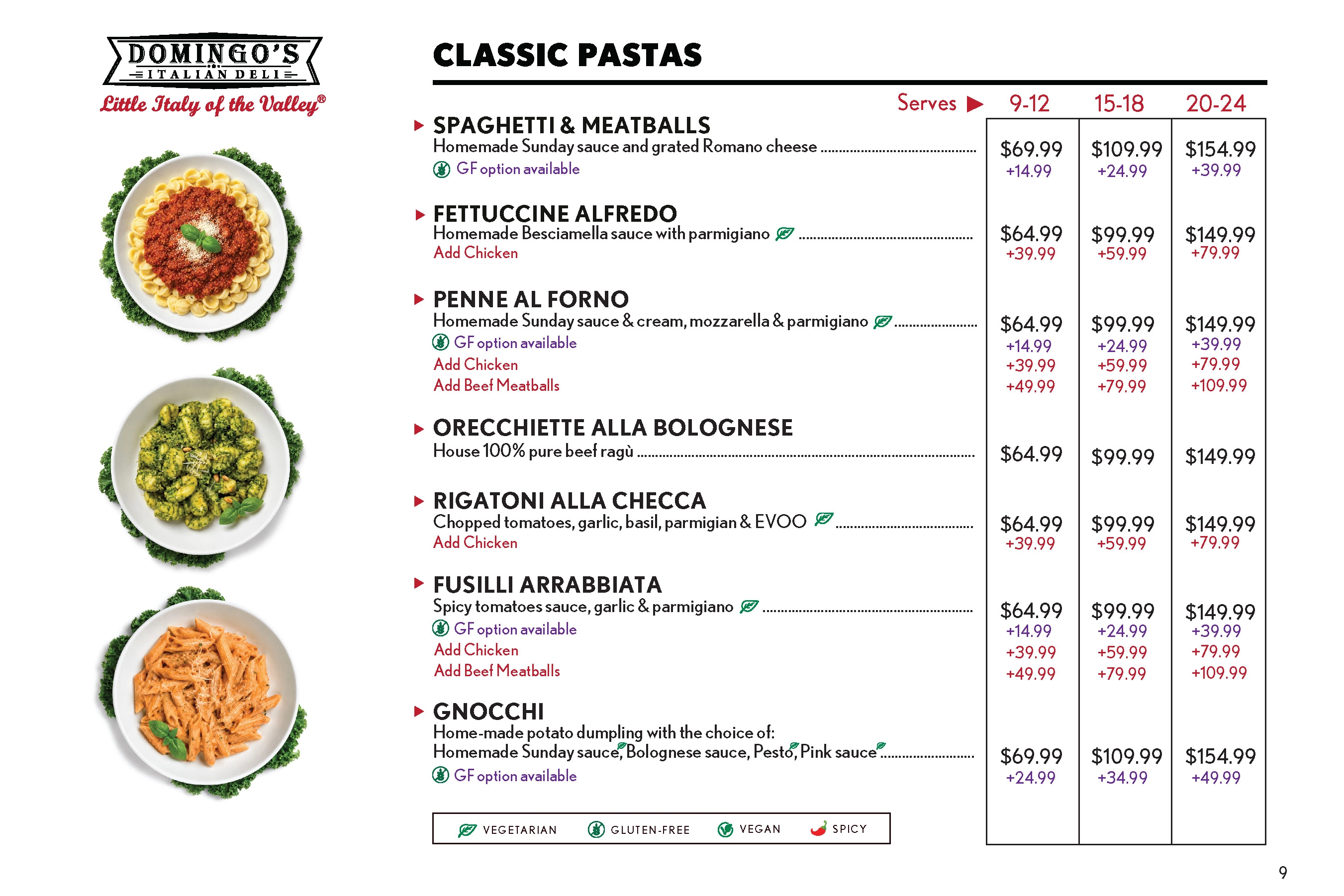 Pasta catering menu, page 1