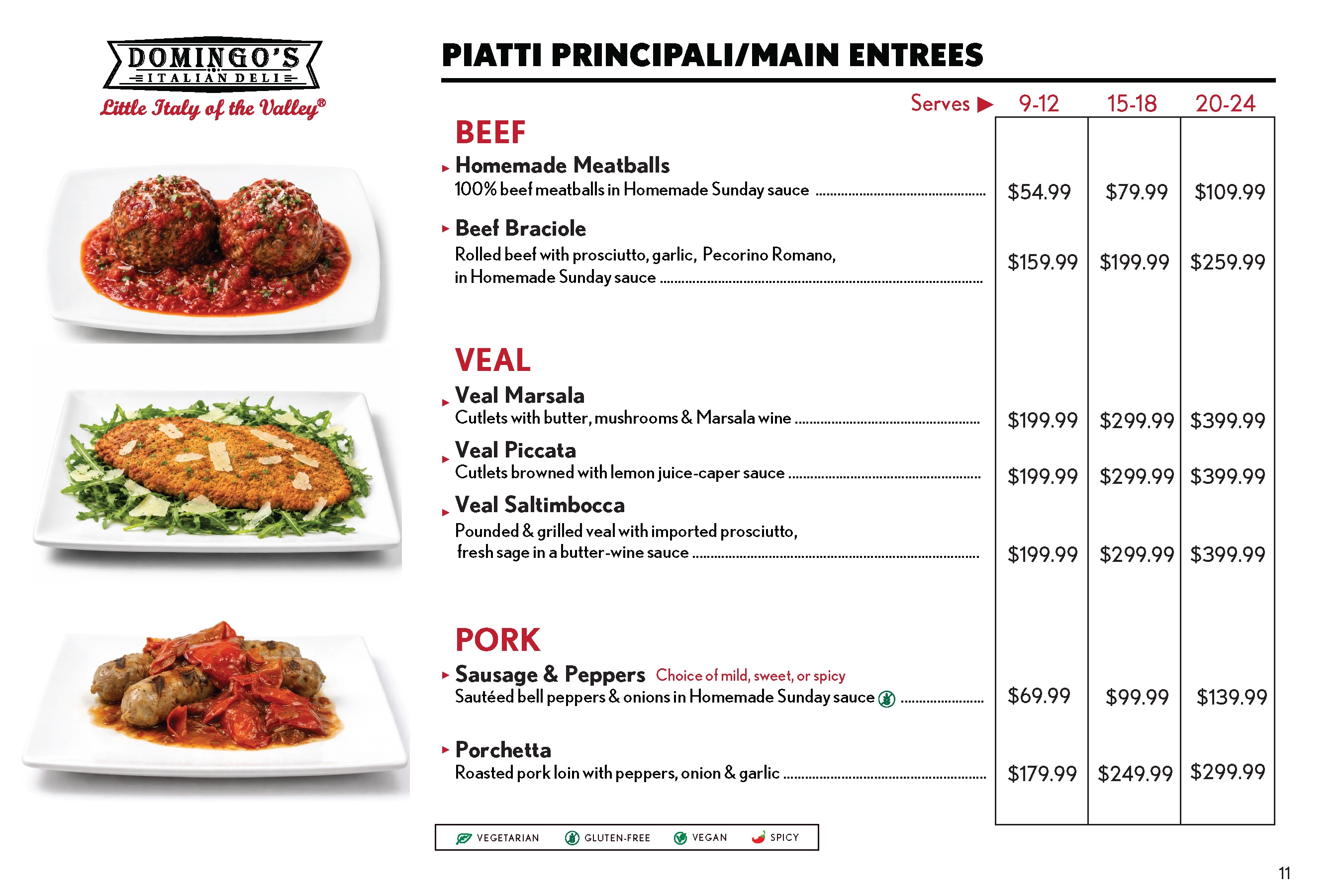 Main Entrees catering menu, page 1